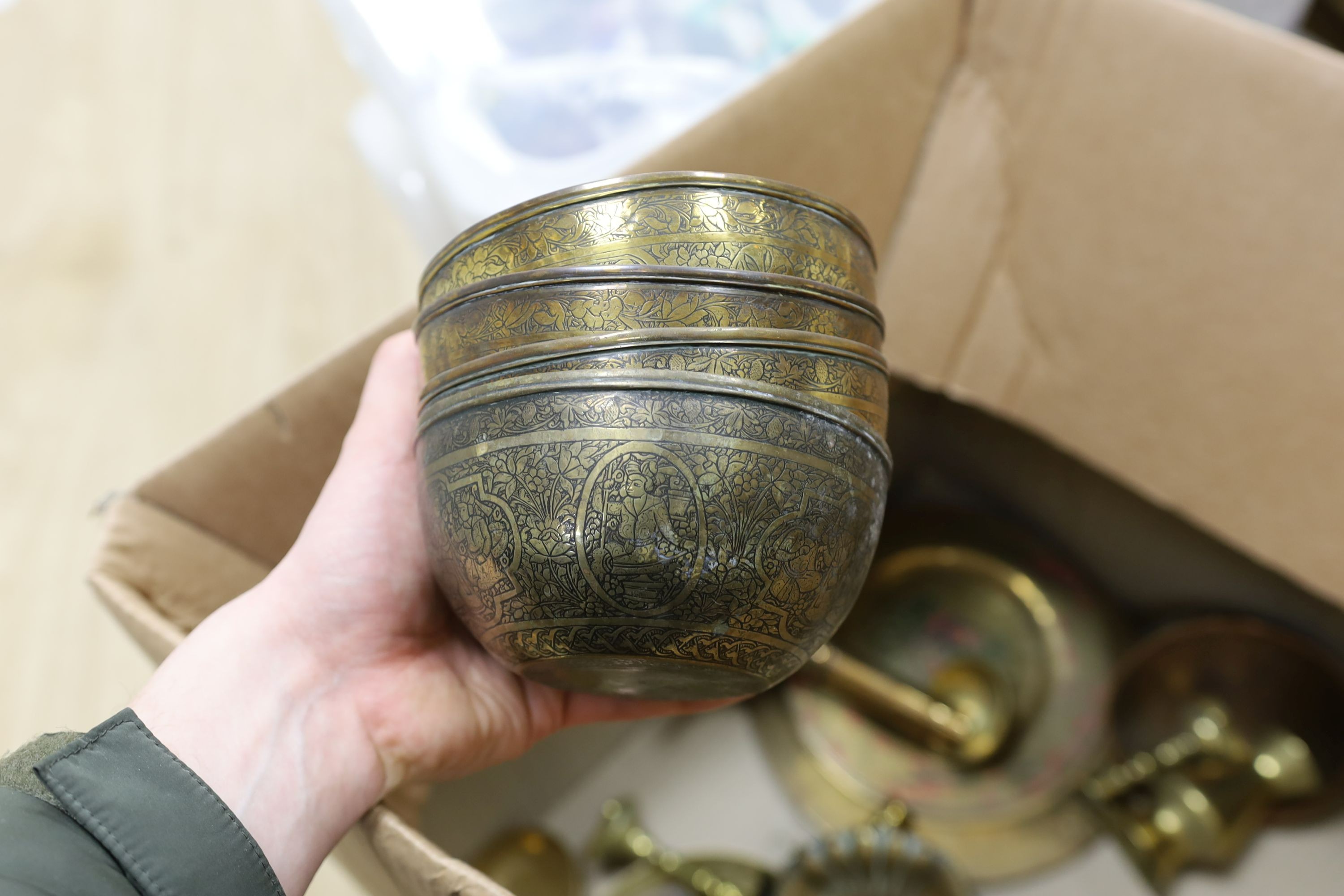 A group of assorted metalware including Indian and Persian trays